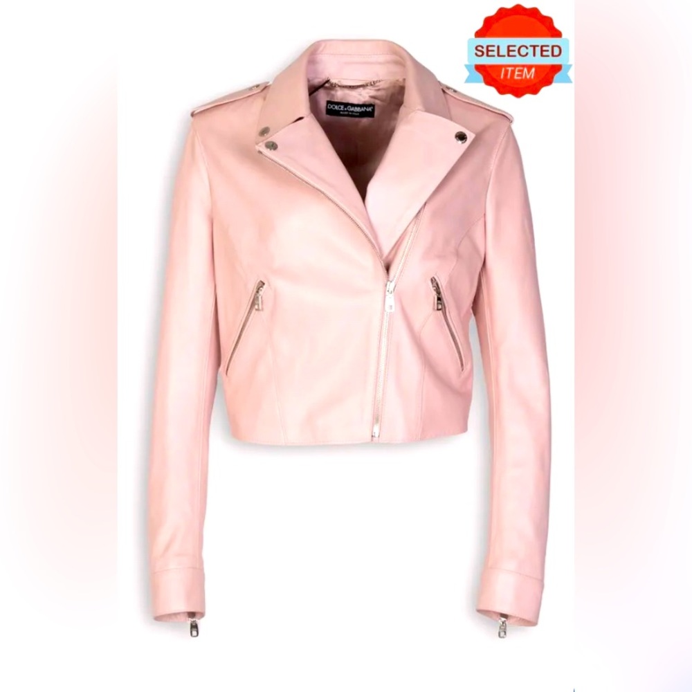 RRP €2650 DOLCE & GABBANA Leather Jacket US6 UK10 IT42 M Pink Logo Made in Italy